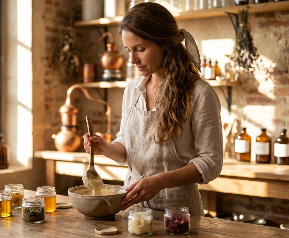 Woman in rustic kitchen